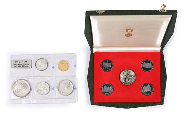 75, 15, 10 e 7 1/2 Rials 1970 Centenario Roma Capitale Emirati Arabi; 1000 Lire 1970; Serie di medaglie in argento del Centenario di Roma Capitale e lingottino in argento 800/000 Repubblica Italiana