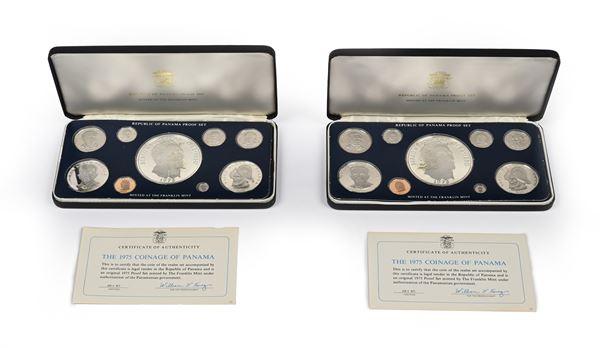 2 Serie divisionali complete di 9 monete proof: 20, 5, 1 Balboas, 50, 20, 10, 5, 2,5 e 1 Cts 1975 Repubblica di Panama