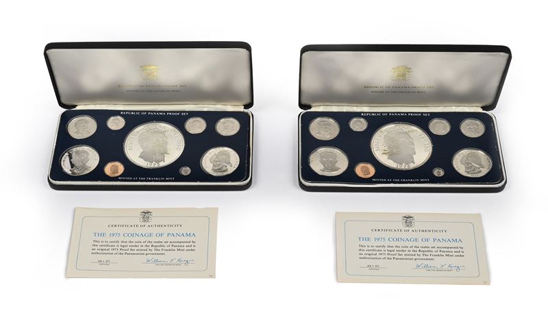 2 Serie Divisionali Complete di 9 Monete Proof: 20, 5, 1 Balboas, 50, 20, 10, 5, 2,5 e 1 Cts 1975...