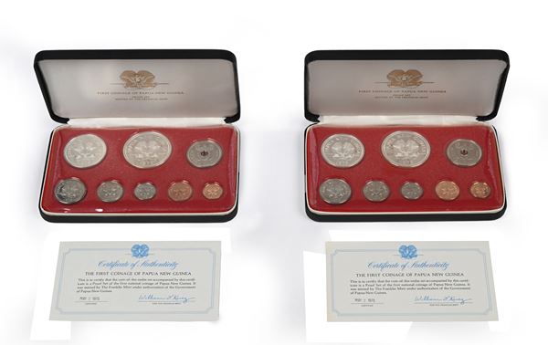 2 Serie divisionali complete di 8 monete Proof Papua Nuova Guinea: 10, 5, 1 Kinas, 20, 10, 5, 2, 1 Toeas