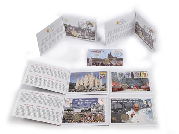 Lotto 2 Euro in Cover ufficiale con francobollo Città del vaticano 2005, 2011, 2012, 2013, Sede Vacante 2013, 2015 (x2)