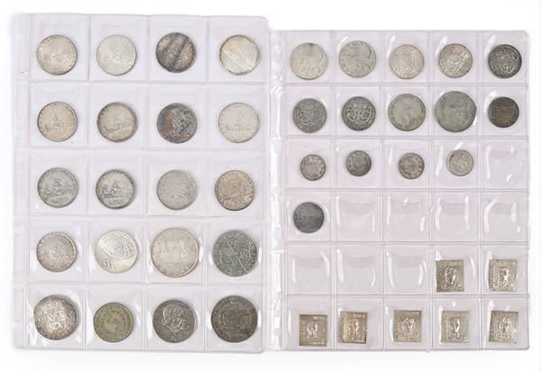 Lotto di 13 pezzi da 500 Lire e 1.000 Lire 1970 Repubblica Italiana; 1 Lira 1902 Regno d'Italia; 100 Pesetas 1966 Spagna; 1 Dollaro 1963 Canada Elisabetta II; 5 Marchi 1951 J Repubblica Federale Germania; ed altre 17 monete in argento; più 7 lastrine in argento 925/000 dei giocatori Mondiali 1998