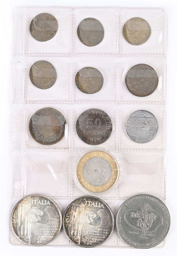 Lotto con: 4 gettoni mercantili di Norimberga; 2 Spiel Marke; gettone da 20 Marche 1892 Umberto I; 50 Pfennig 1918 Braunschweig Kriegsnotgeld; 1 dollaro token Desert Inn Las Vegas Usa, 1 Gettone Euro; e 3 monete di fantasia con Mussolini