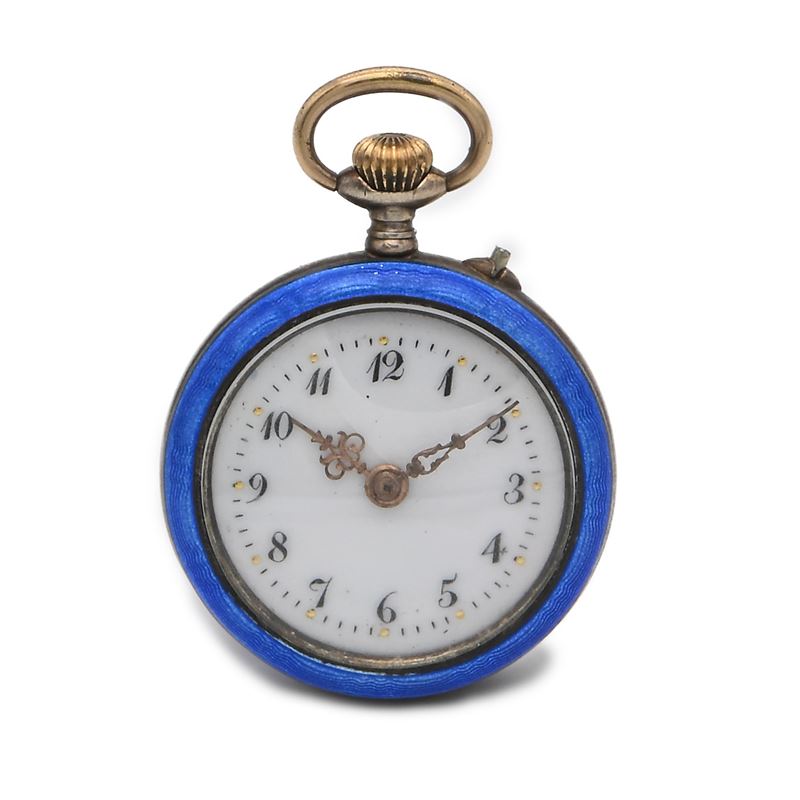 Orologio da Tasca Monachina Remontoir da Donna in Argento 800/000 Dorato e Smaltato con Miniatura...