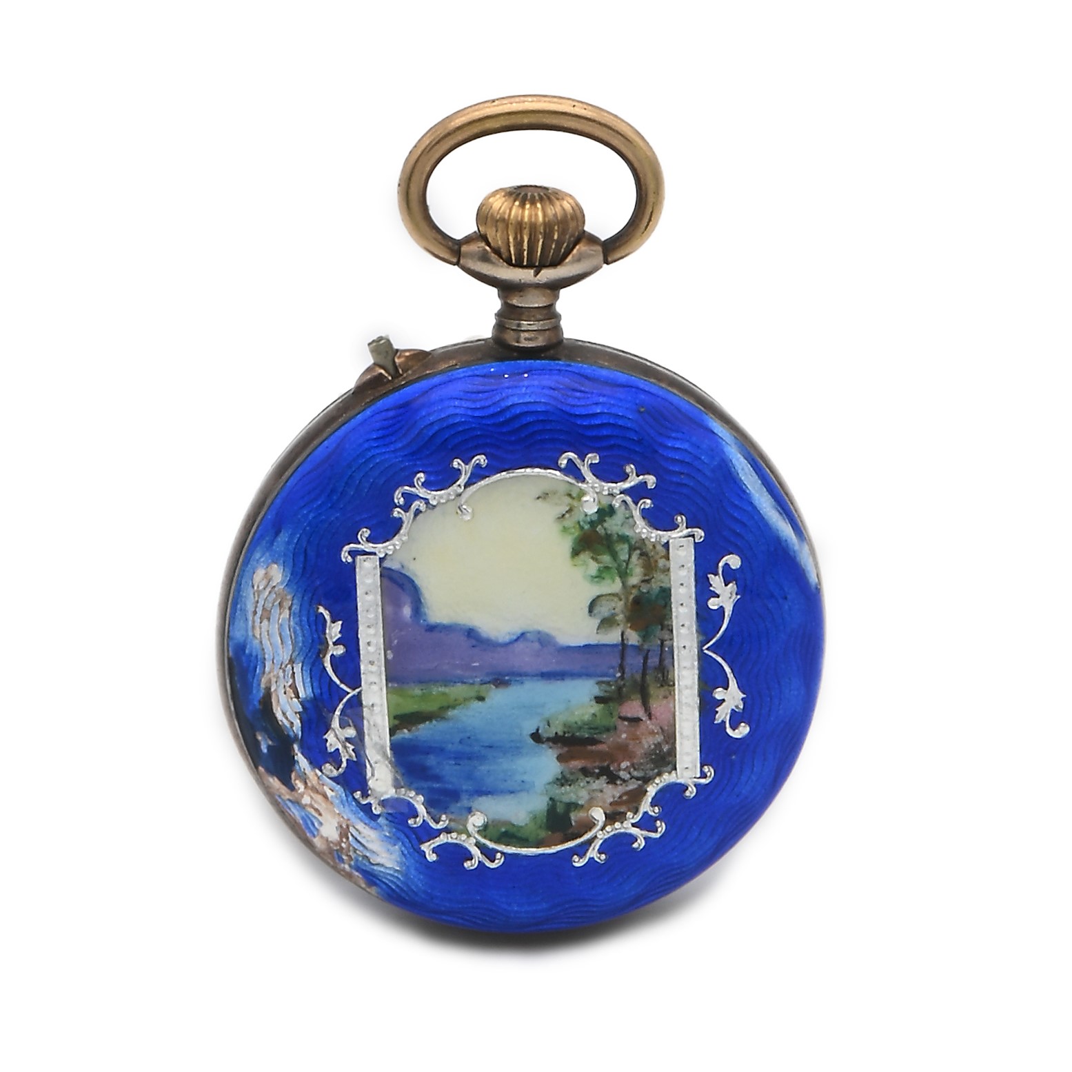 Orologio da Tasca Monachina Remontoir da Donna in Argento 800/000 Dorato e Smaltato con Miniatura...