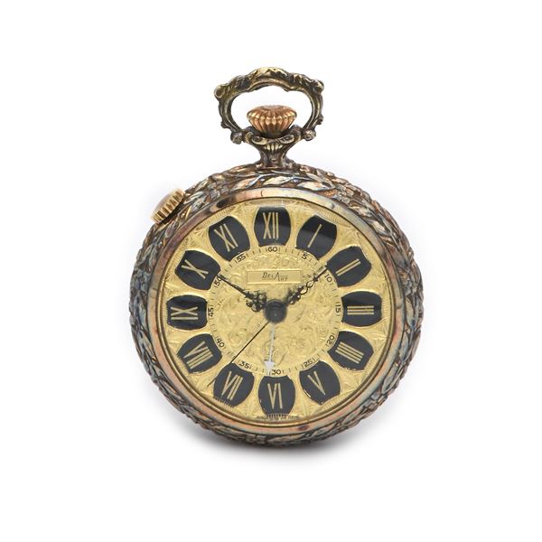 Bel Art - Orologio con svegliarino da tasca remontoir in metallo dorato con cassa incisa e sbalzata. Meccanismo e cassa svizzeri