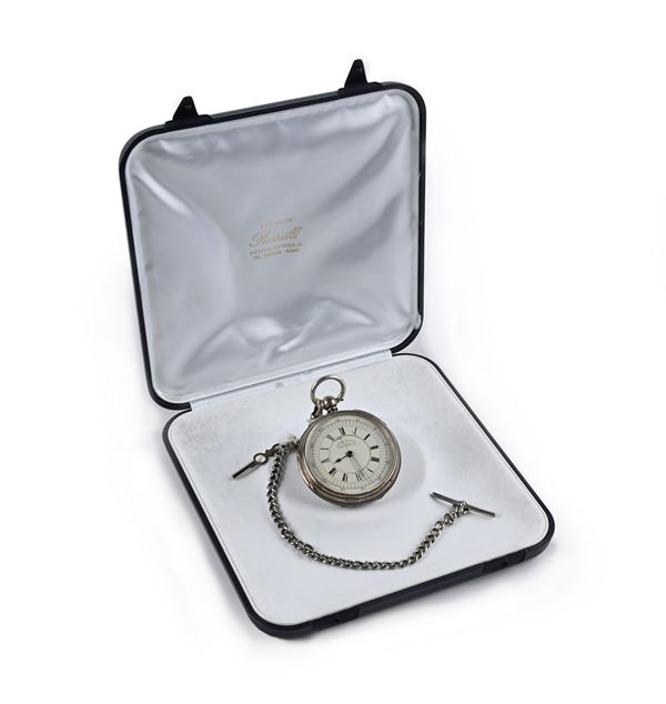 E. Wise Manchester - Orologio da tasca contasecondi a carica a chiavetta da uomo in argento con punzoni Londra 1882, e catena da orologio in argento inglese. Scappamento ad ancora, bilanciere bimetallico con spirale piana