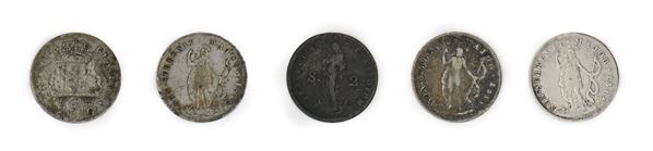 Lotto di 5 monete della Repubblica Genovese: 4 pezzi da 10 Soldi in argento 1814 (3 con variante Januensis) e 2 Soldi 1814 in mistura