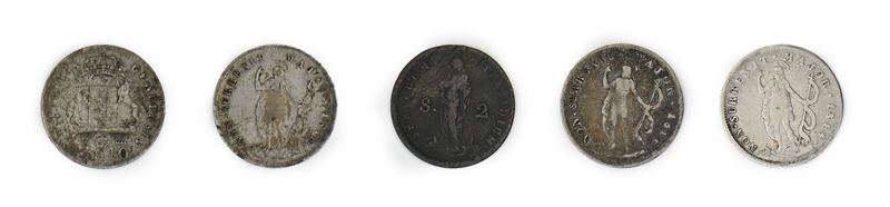 Lotto di 5 Monete della Repubblica Genovese: 4 Pezzi da 10 Soldi in Argento 1814 (3 con Variante ...