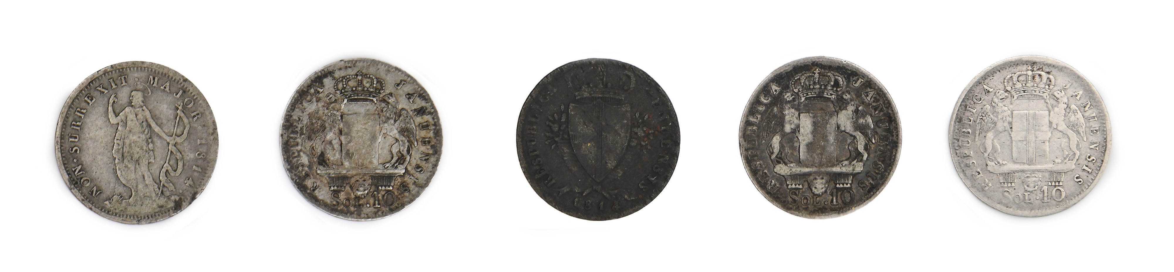 Lotto di 5 Monete della Repubblica Genovese: 4 Pezzi da 10 Soldi in Argento 1814 (3 con Variante ...