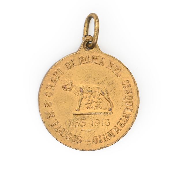 Medaglietta in bronzo dorato Società di Mutuo Soccorso Orafi di Roma nel cinquantenario 1863-1913 in onore di Bernardino Passeri orafo romano
