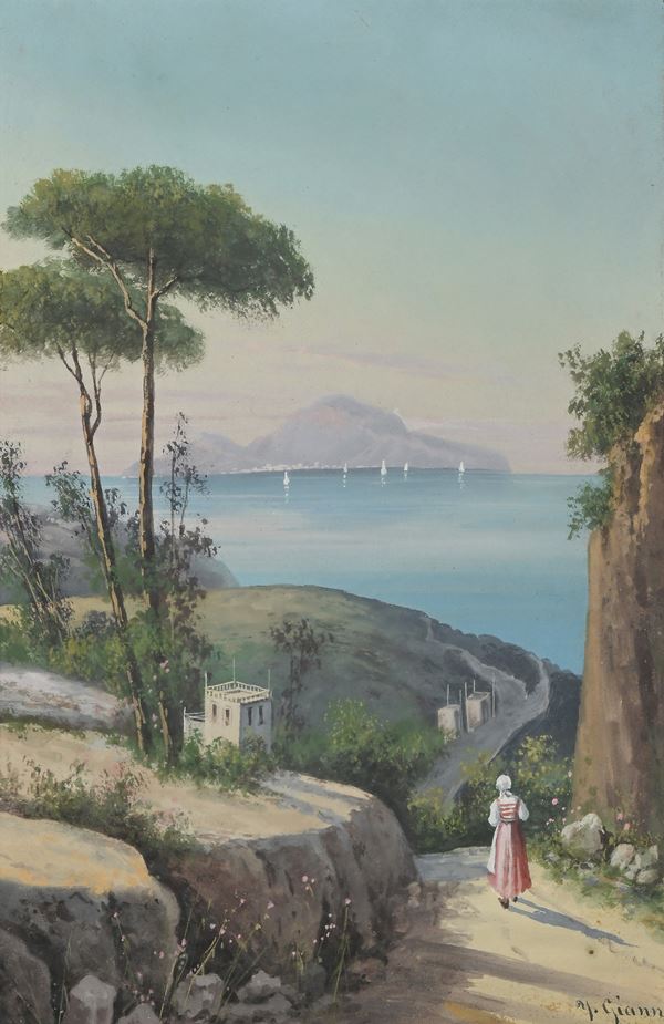 U. Gianni (Scuola napoletana fine del XIX inizi del XX secolo) - Veduta di Capri dalla penisola sorrentina