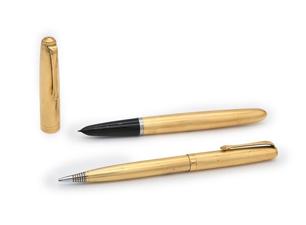 Parker 51 - Penna stilografica e portamine vintage in metallo laminato in oro giallo 