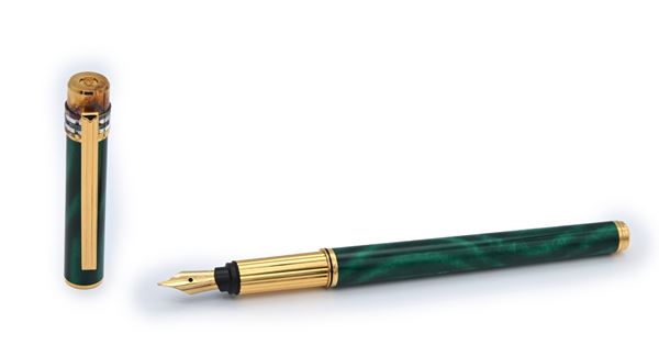 Cartier Must de - Penna stilografica con fusto in metallo e in lacca malachite con particolari dorati in oro a più colori