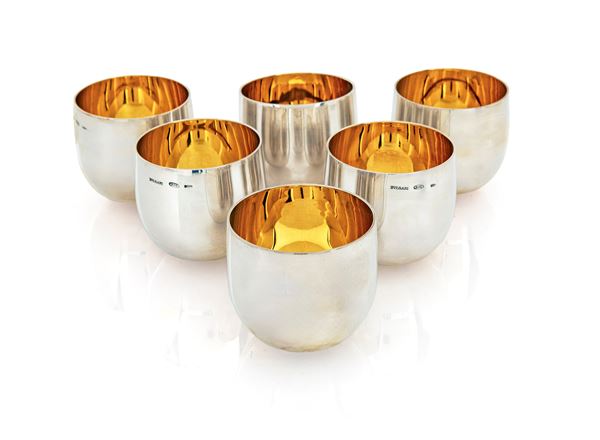 Sei piccoli goblets basculanti in argento 925/000, Bulgari, Anni Novanta