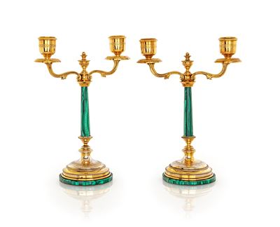 Coppia di Doppieri in Argento 800/000 Dorato e Malachite