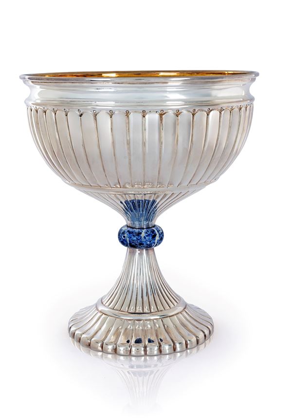 Grande coppa centrotavola in argento e sodalite, Vallé Milano per Bottega dell'Argento