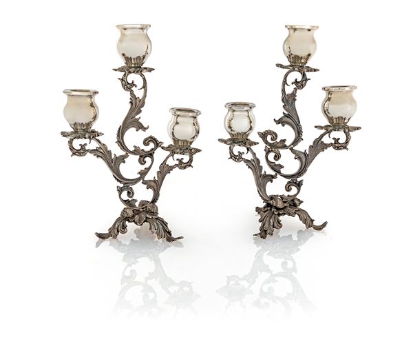 Coppia di piccoli candelieri a tre luci, Sandri Milano