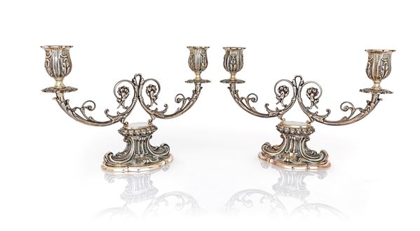 Coppia di doppieri in argento 925/000, lavorazione a mano argentiere Sandri, Milano