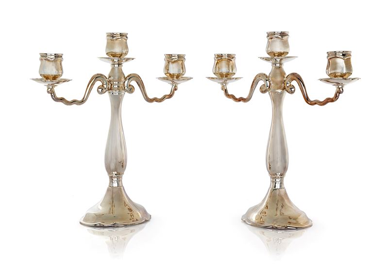 Coppia di Candelabri a Tre Luci in Argento 800/000, Stancampiano Palermo