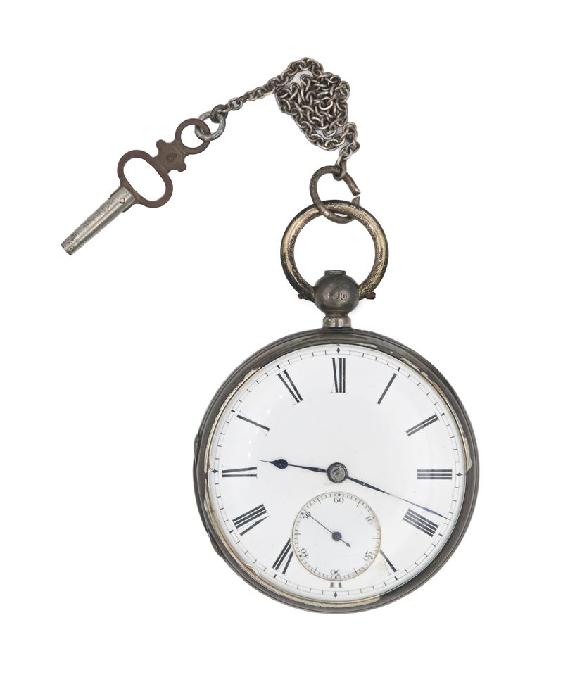 Orologio da Tasca con Carica a Chiavetta da Uomo, Cassa in Argento con Monogramma Inciso, Punzoni...