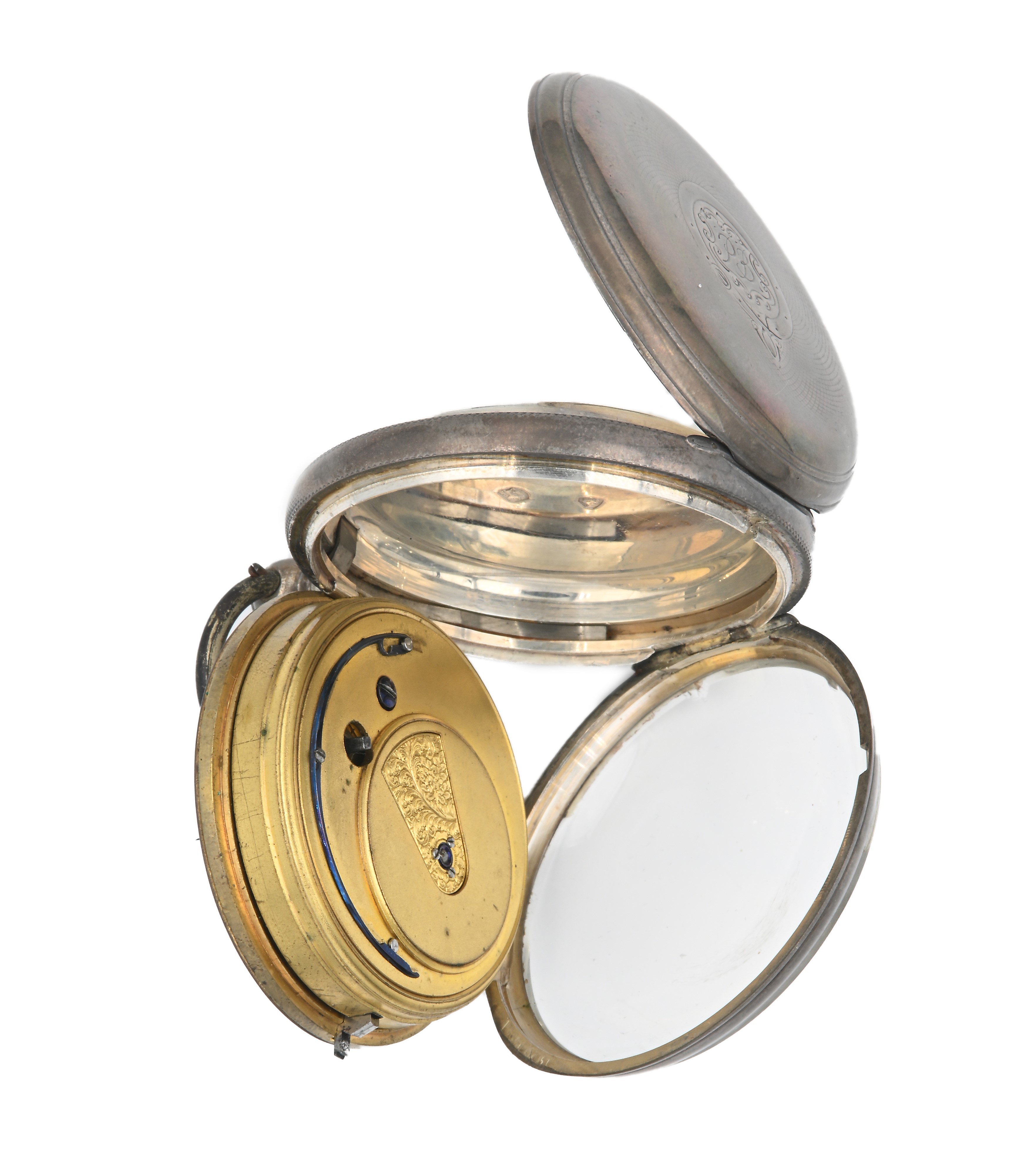 Orologio da tasca con carica a chiavetta da uomo, cassa in argento con monogramma inciso, punzoni...