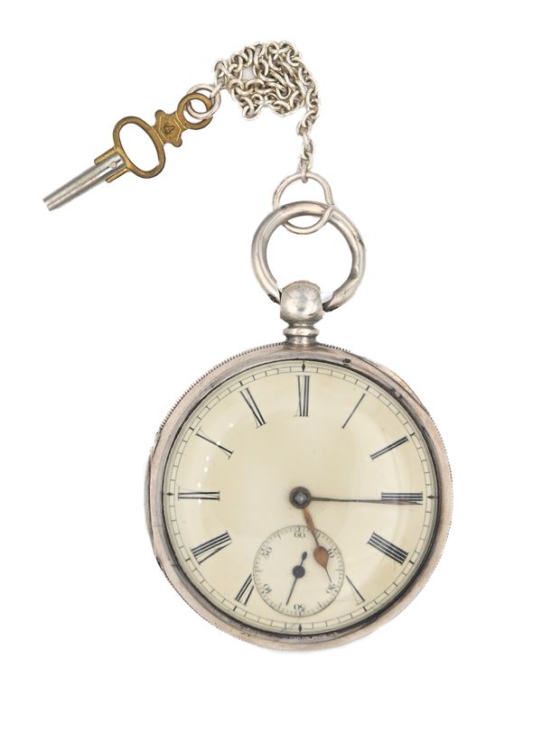 Orologio da tasca da uomo in argento con carica a chiavetta con punzoni Chester 1876. Meccanica a conoide con scappamento ad ancora, bilanciere anulare e spirale piana