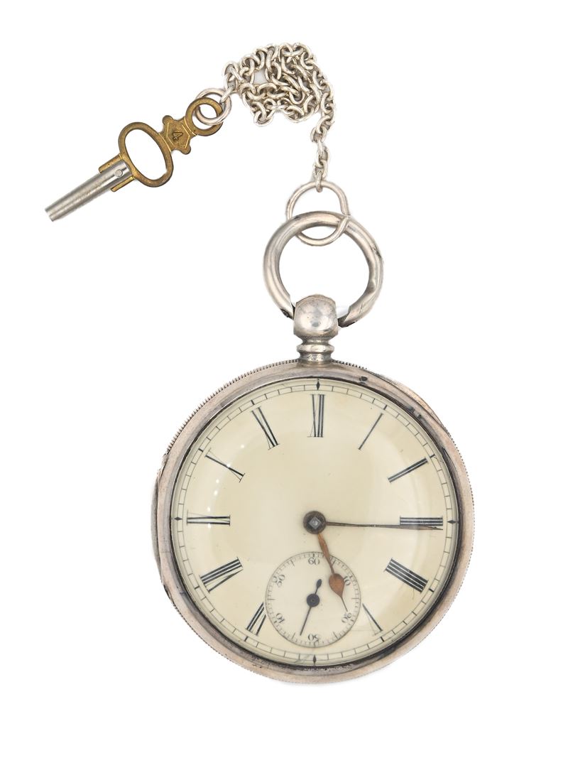 Orologio da tasca da uomo in argento con carica a chiavetta con punzoni Chester 1876. Meccanica a...