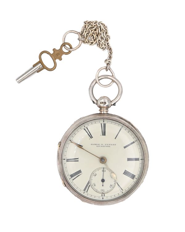 James W. Peters Liverpool - Orologio da tasca a chiavetta da uomo in argento con punzoni Chester 1873. Meccanica a conoide con scappamento ad ancora, bilanciere anulare e spirale piana