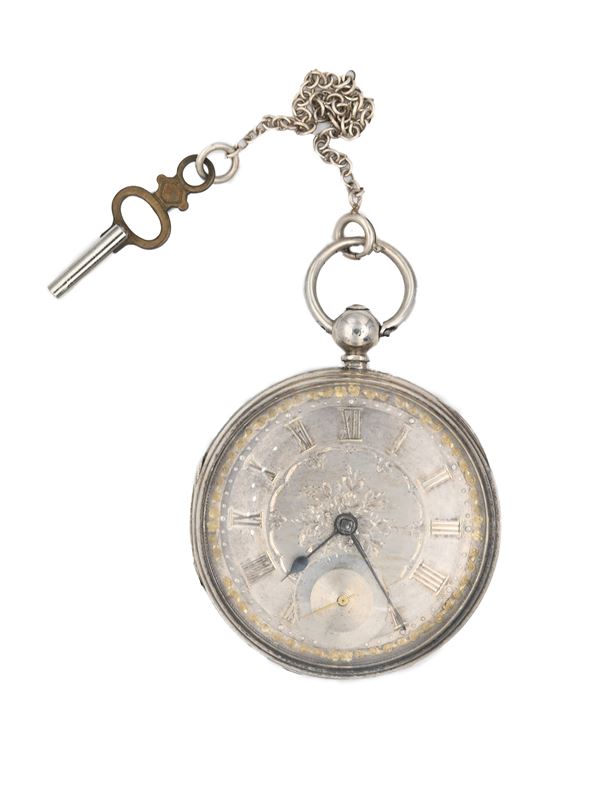 Pos.h Dotter & Co Brynmawr - Orologio da tasca a chiavetta da uomo in argento con cassa esterna recante monogramma inciso entro stemma, punzoni Londra 1857. Quadrante in argento, scappamento a conoide, bilanciere anulare con spirale piana