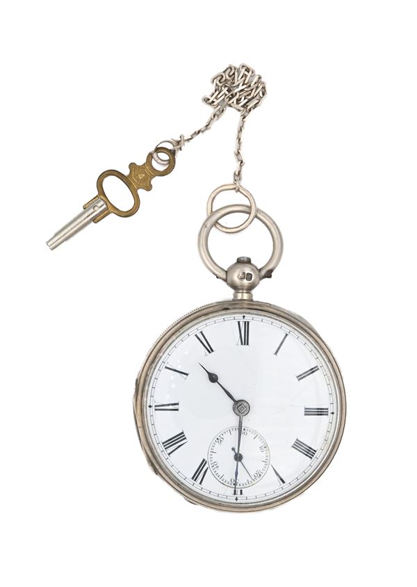 Orologio da tasca a chiavetta da uomo in argento con punzoni Londra 1879. Meccanica a conoide con scappamento ad ancora, bilanciere anulare e spirale piana