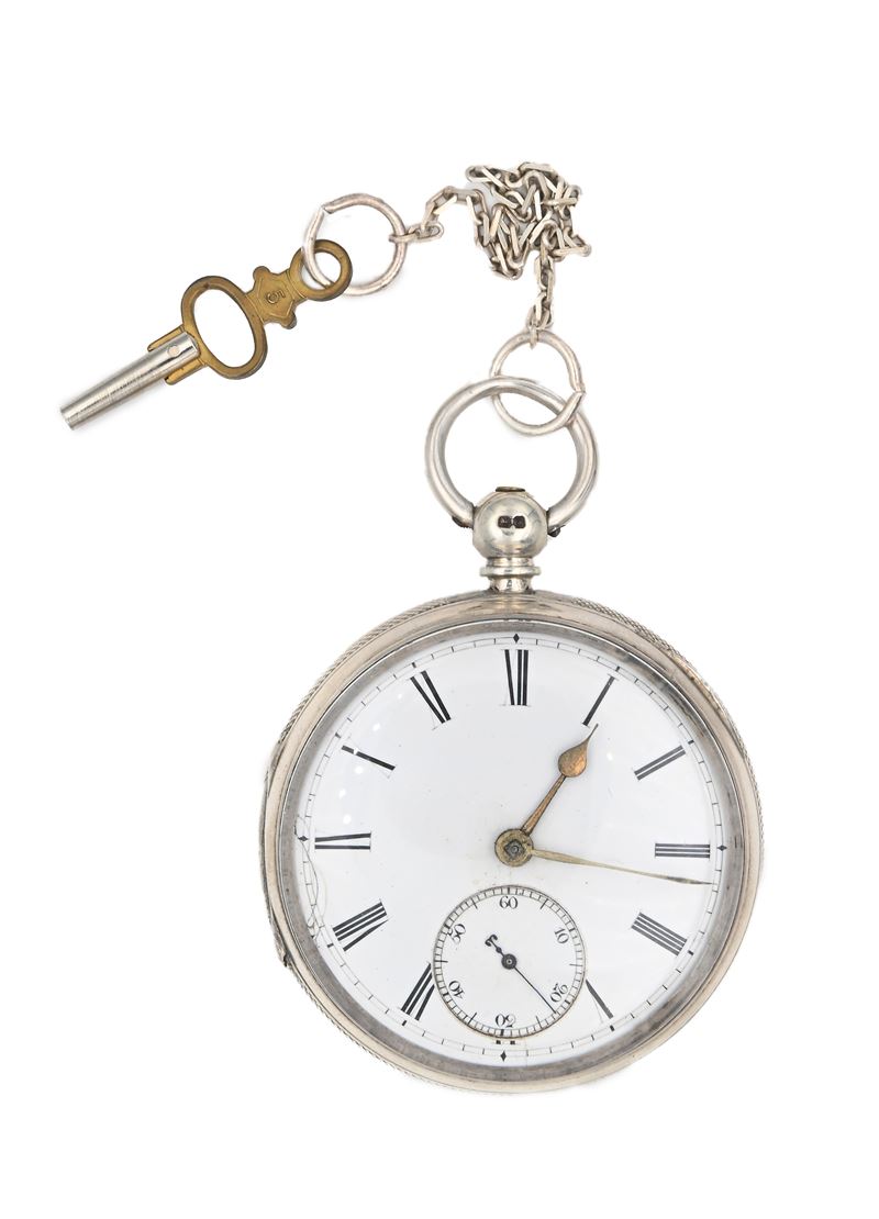 Orologio da tasca con carica a chiavetta da uomo in argento con punzoni Londra 1877. Meccanica a ...