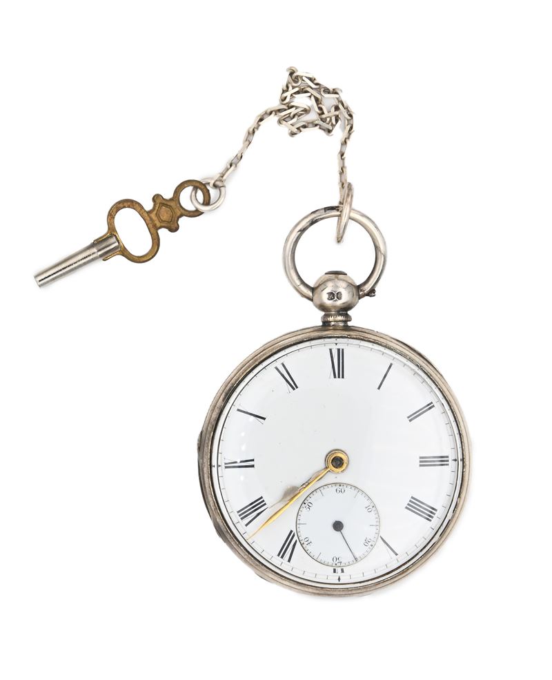 Orologio inglese da tasca a chiavetta da uomo in argento con punzoni Londra 1855. Meccanica a con...