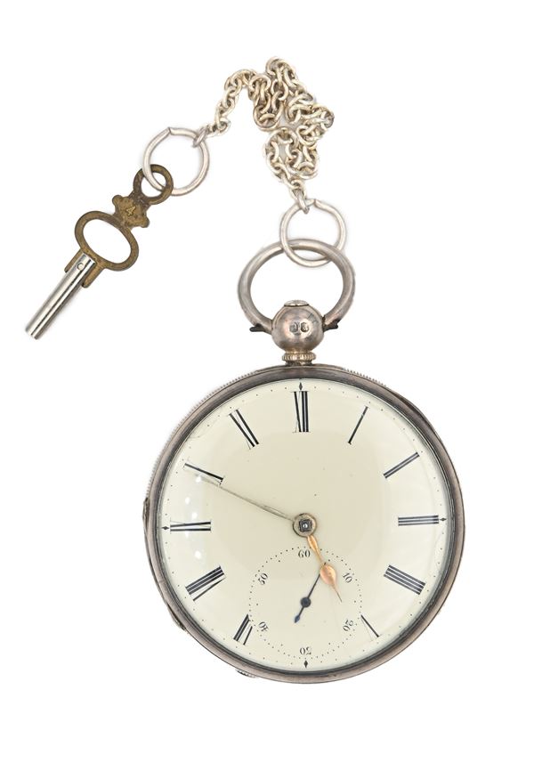 S. Bailey Newcastle on Tyne - Orologio da tasca a chiavetta da uomo in argento con punzoni Londra 1896. Meccanica a conoide, scappamento ad ancora con bilanciere anulare e spirale piana