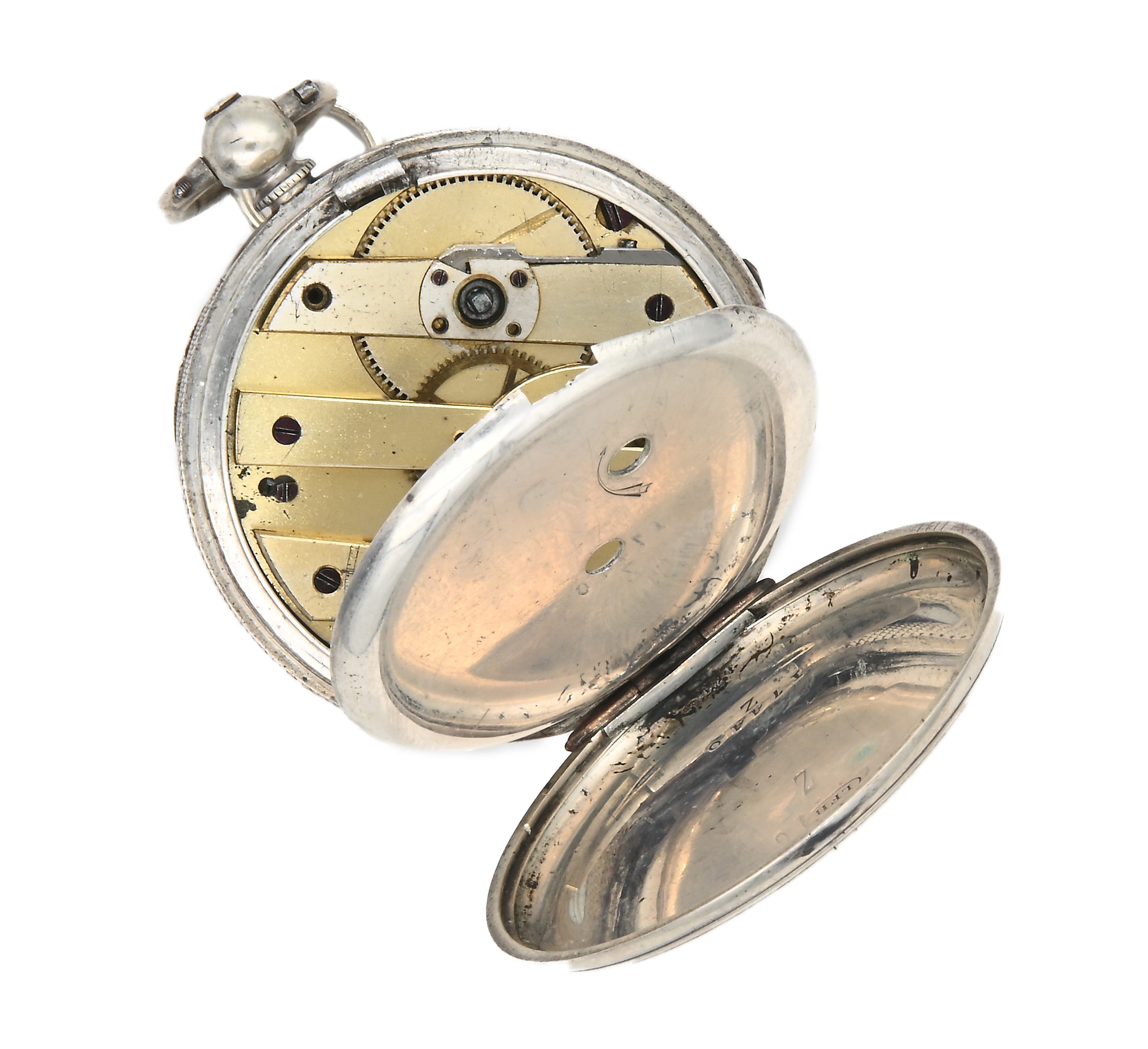 Orologio da tasca a chiavetta da uomo in metallo argentato. Movimento a cilindro con bilanciere a...