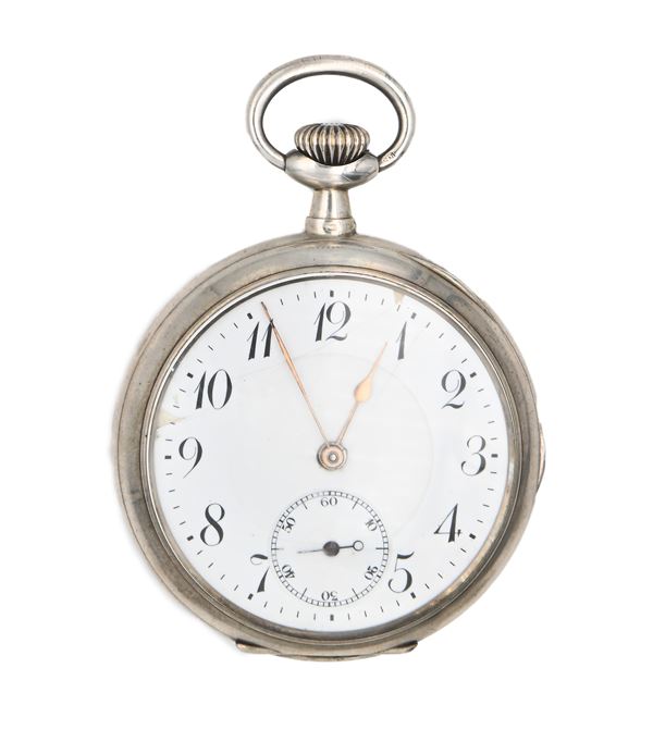 Orologio da tasca ripetizione ore e quarti remontoir da uomo in argento 800/000. Scappamento ad ancora, bilanciere monometallico con spirale piana