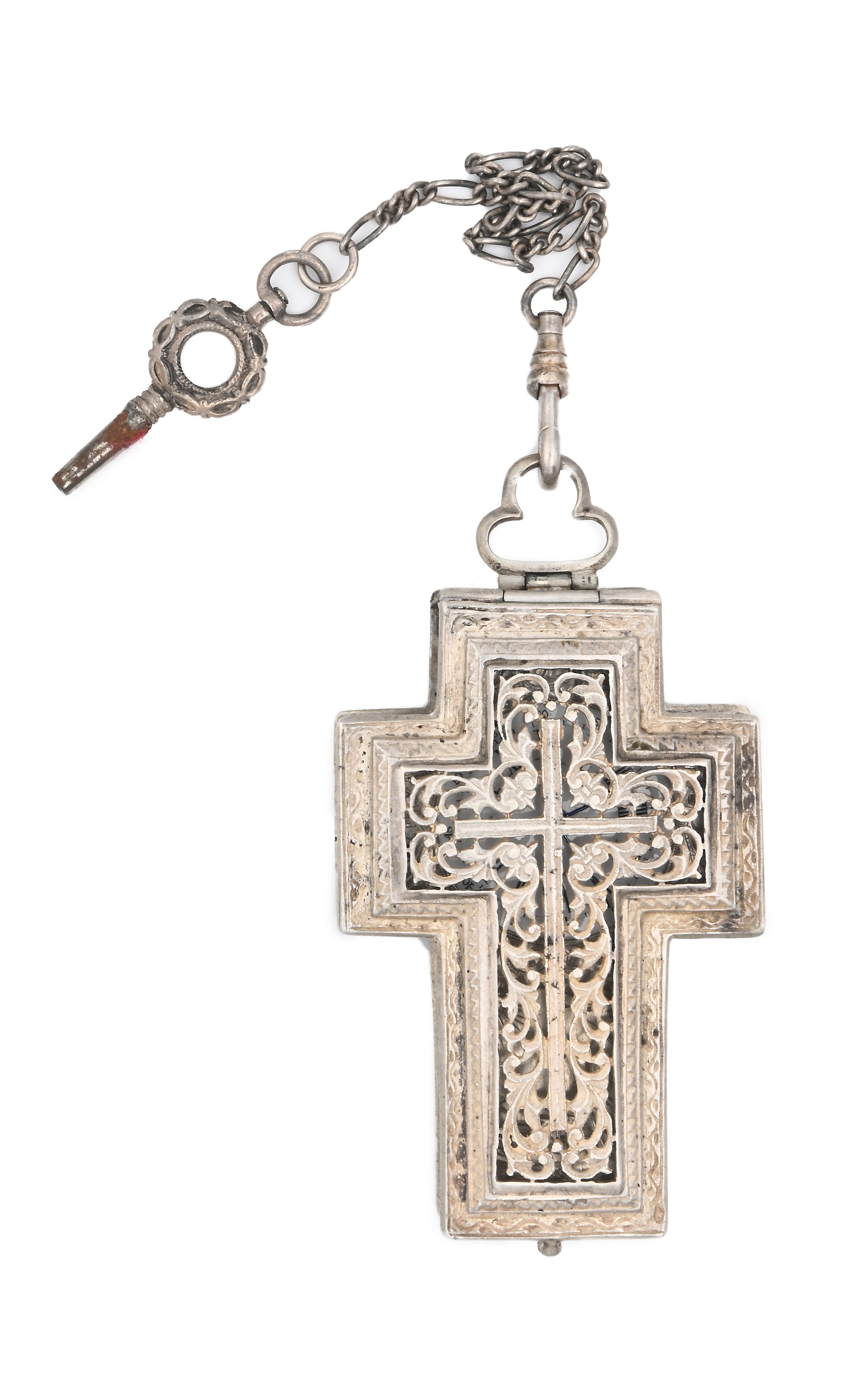 Francia - Orologio a Crocefisso in Argento Traforato e Filigrana D'argento con Raffigurazioni Flo...