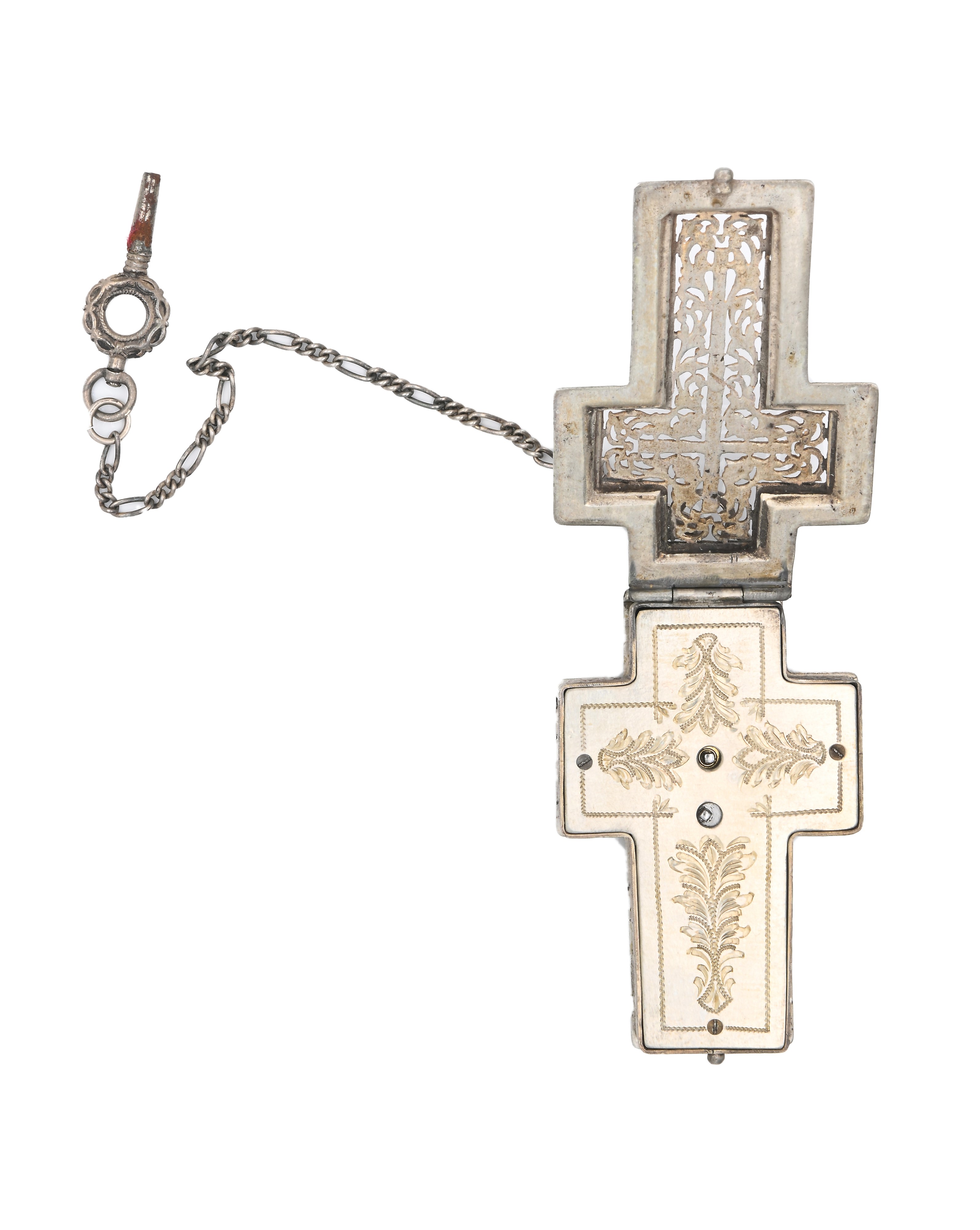 Francia - Orologio a crocefisso in argento traforato e filigrana d'argento con raffigurazioni flo...