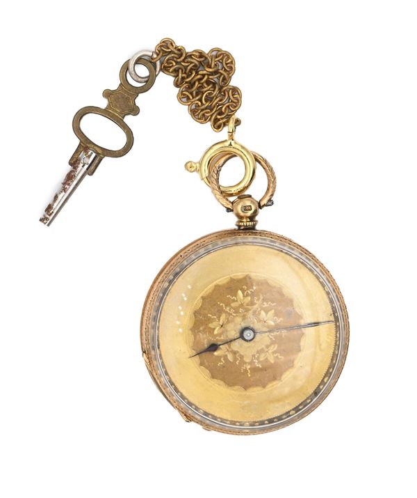 Anonimo - Orologio da tasca da uomo in oro 18 Kt con carica a chiavetta. Quadrante in metallo e cassa incisa a motivi floreali. Meccanismo a cilindro con bilanciere anulare e spirale piana 