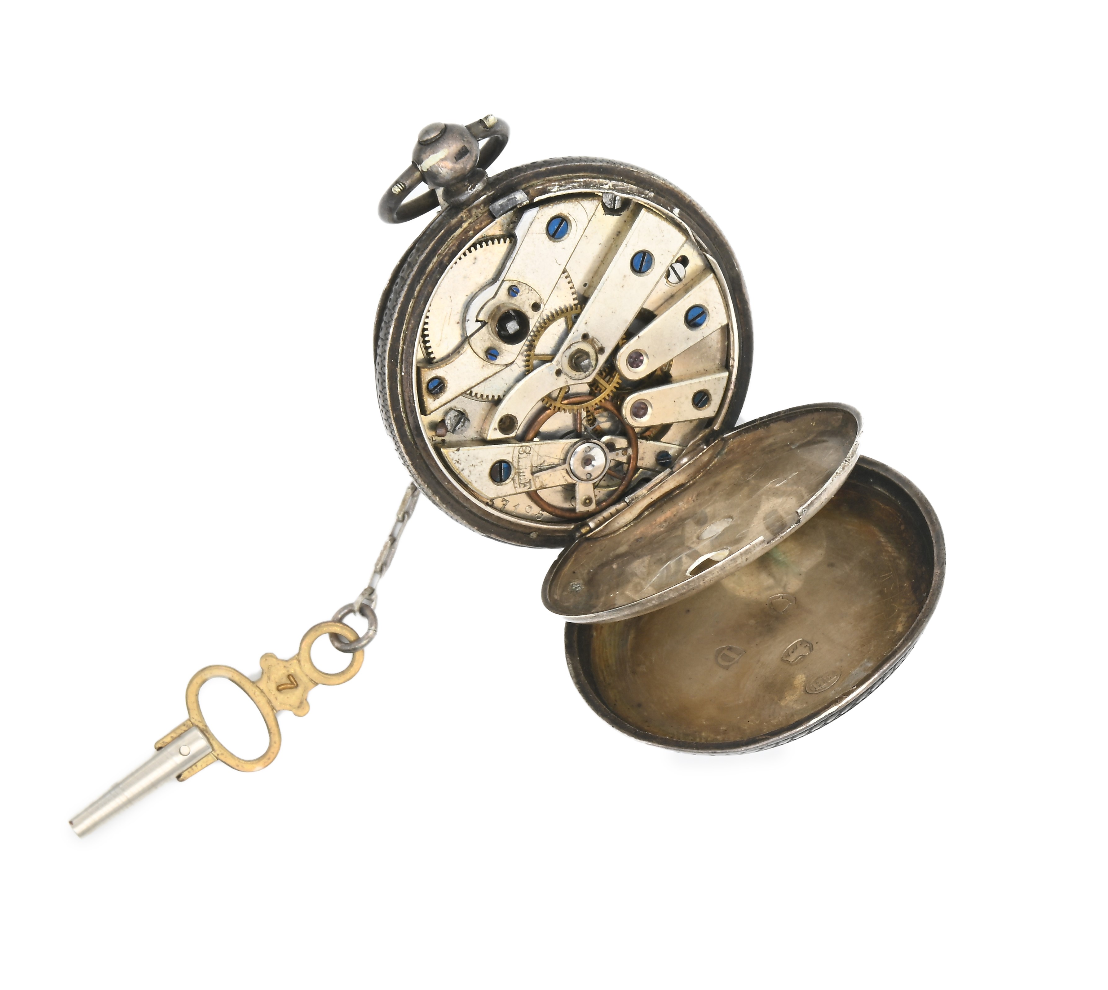 Orologio da tasca da uomo in argento con punzoni Londra 1879. Scappamento a cilindro con spirale ...