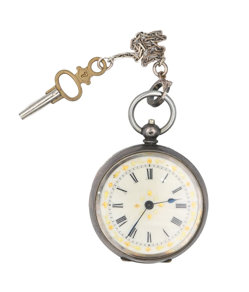 Orologio da tasca da uomo in argento 800/000. Meccanica a cilindro con bilanciere anulare e spira...