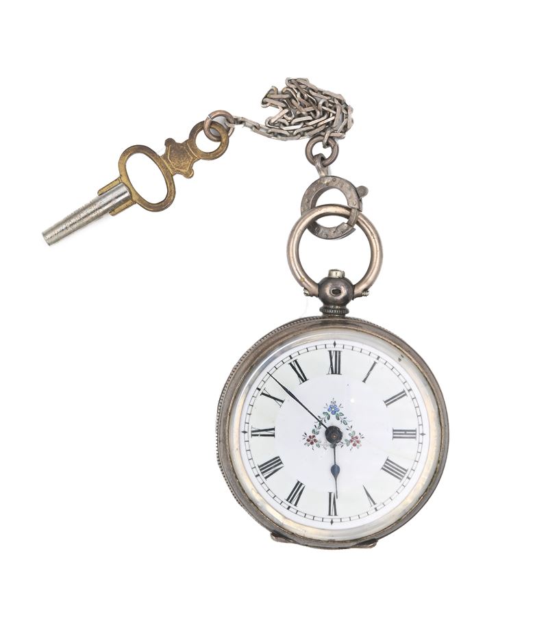 Orologio da tasca a chiavetta da uomo in argento 800/000. Scappamento a cilindro con bilanciere a...