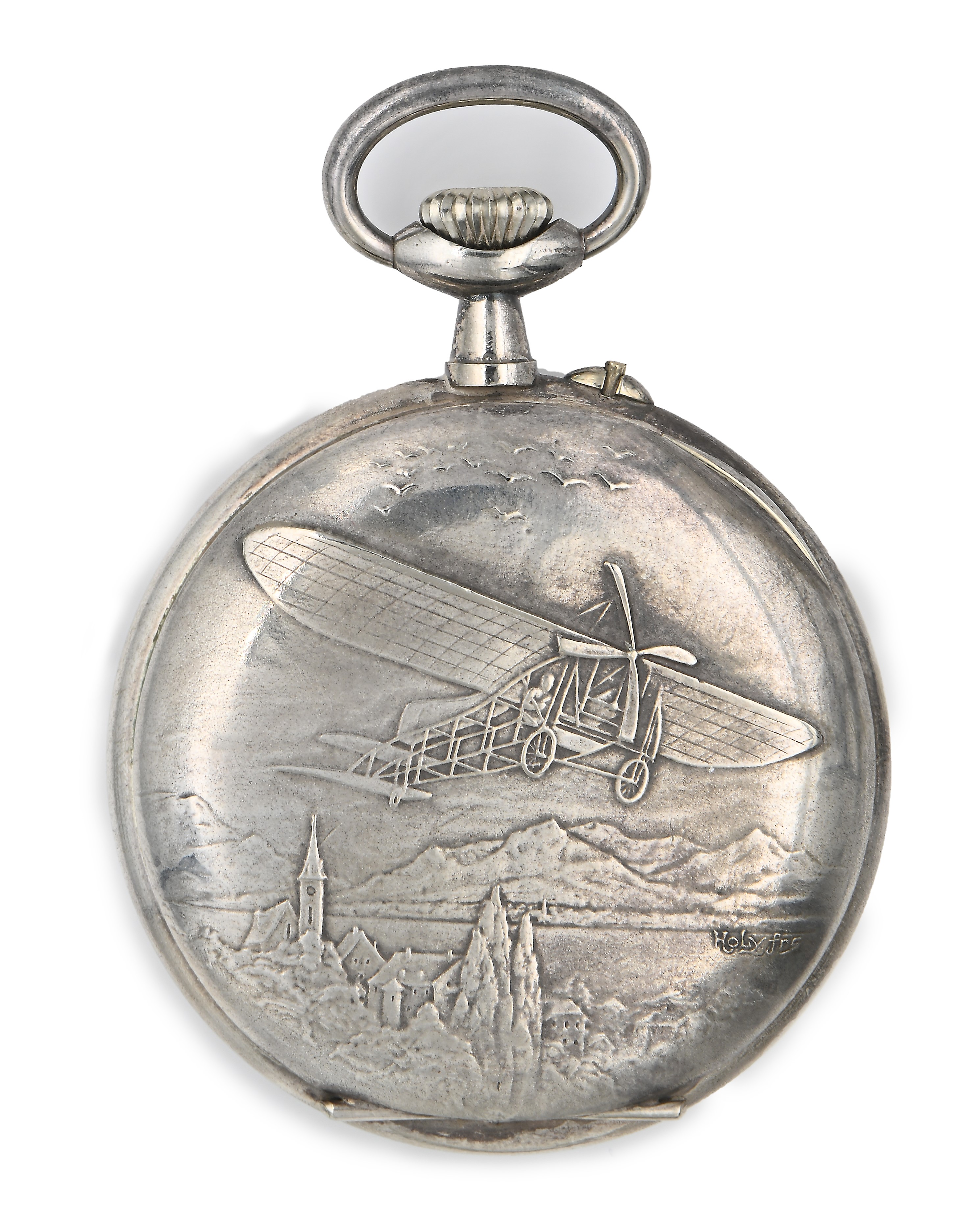 Orologio da tasca remontoir da uomo in metallo argentato con incisione di aereo sulla cassa firma...