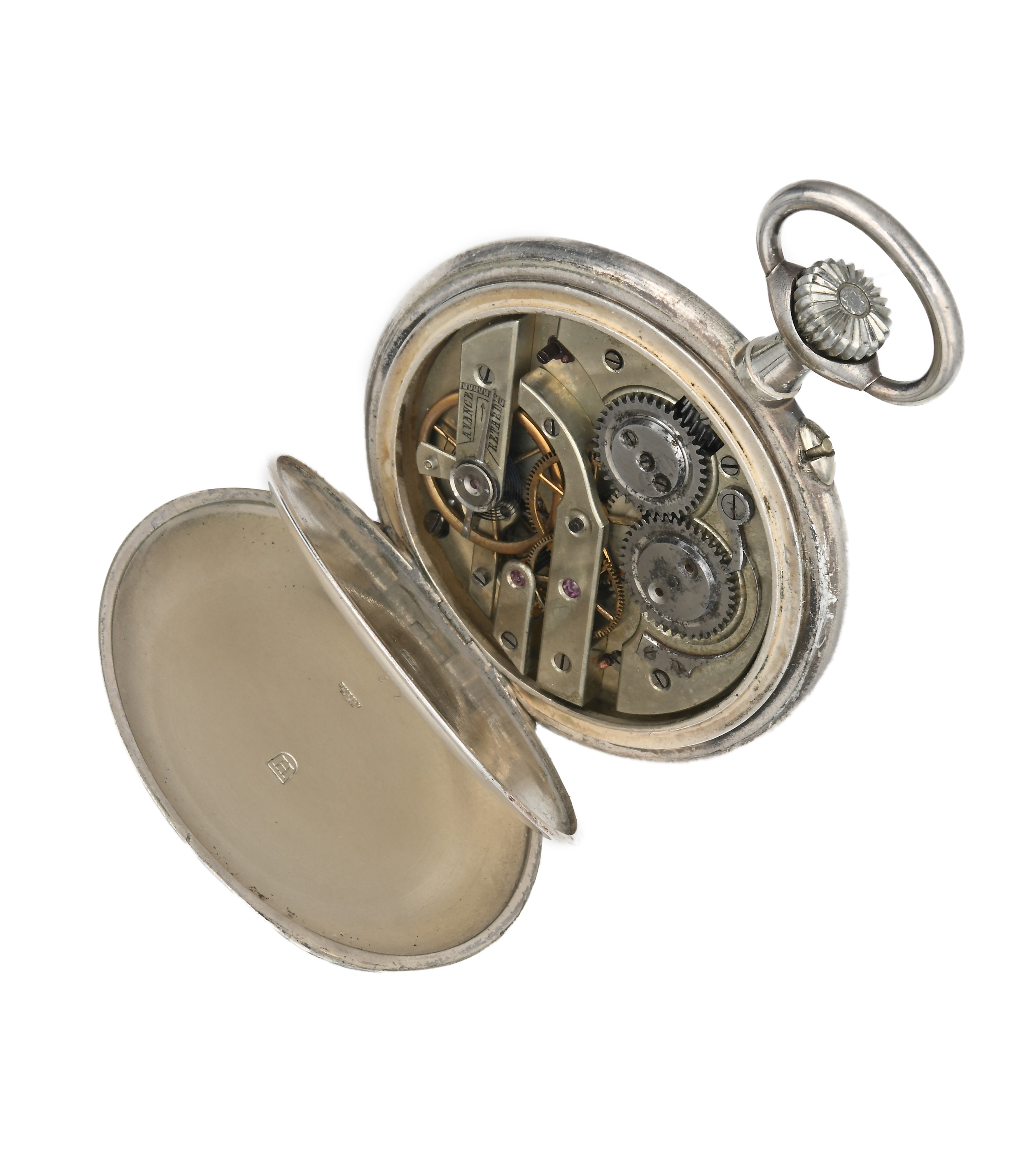 Orologio da tasca remontoir da uomo in metallo argentato con incisione di aereo sulla cassa firma...