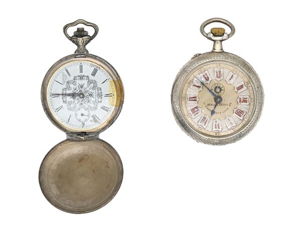 Audax & Labor - Orologio da tasca remontoir da uomo in argento 800/000 con cavallo inciso sulla cassa e quadrante in metallo movimento Roskopf. Meccanismo ad ancora con bilanciere anulare e spirale piana. Cassa e parapolvere in argento numerate 2101