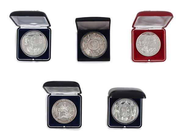 5 medaglie in argento per il Cinquecentesimo Anniversario della Scoperta dell'America di Cristoforo Colombo 1492-1992