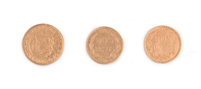 2 Monete da 2 Pesos 1945 Messico e 1/5 di Libra 1914 Perù
