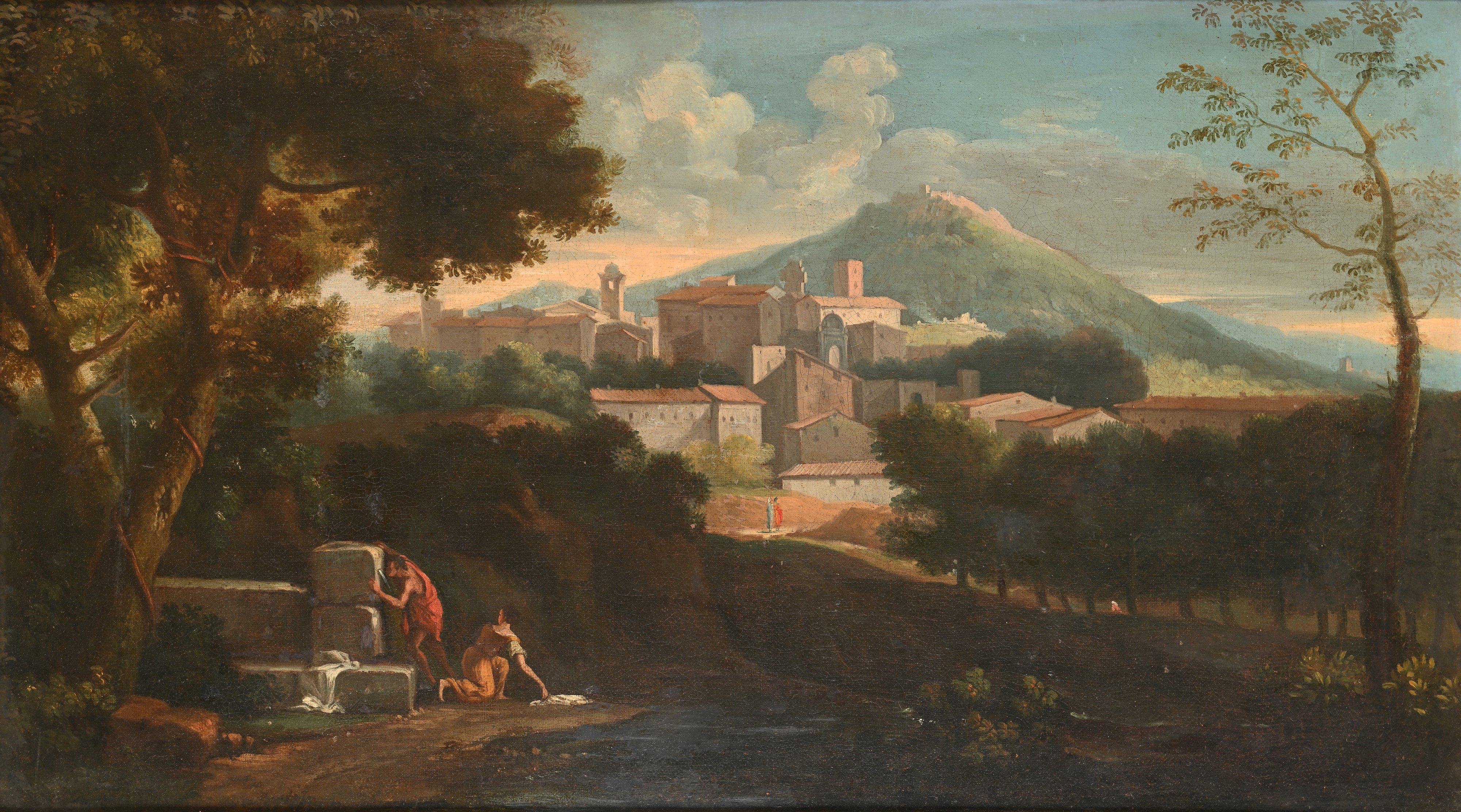 Paesaggio fluviale con figure al fontanile e borgo in lontananza