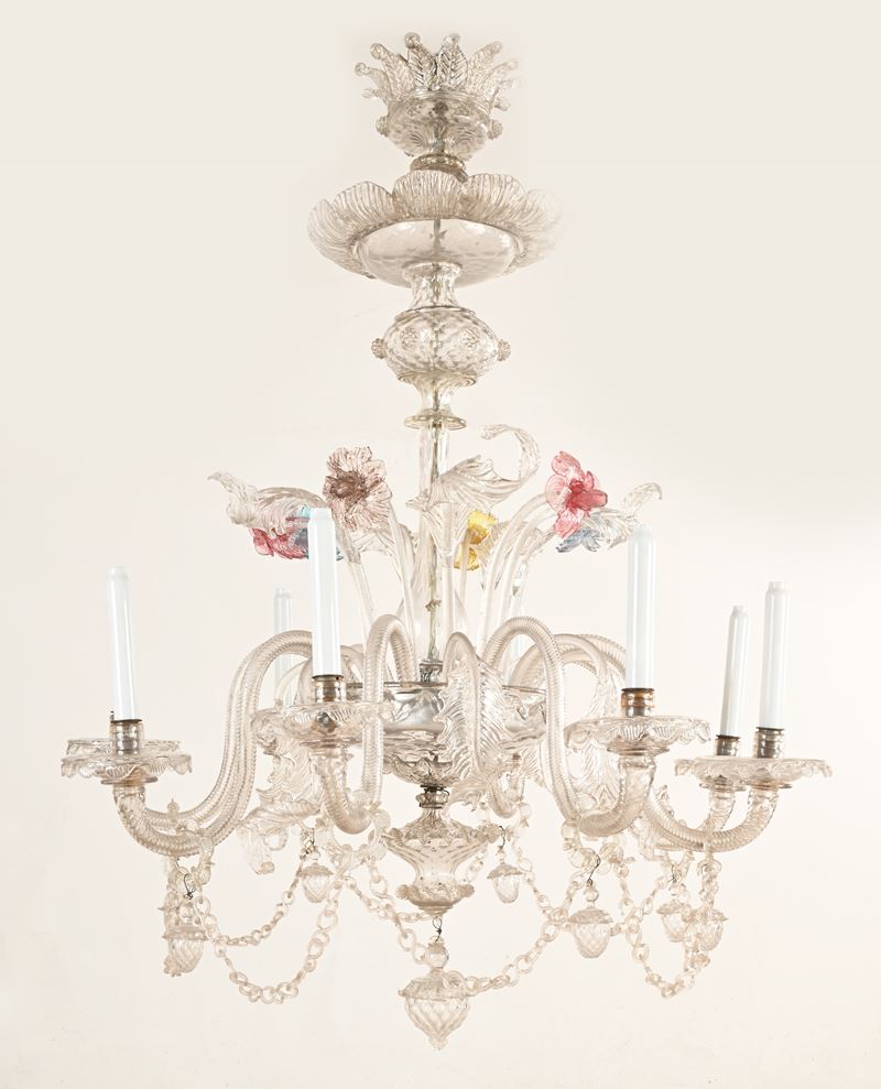 Lampadario in Vetro di Murano a Otto Luci, Inizi del XX Secolo