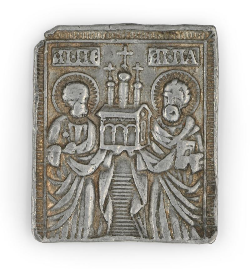Placchetta devozionale in metallo con Santi Pietro e Paolo (XVIII-XIX secolo)